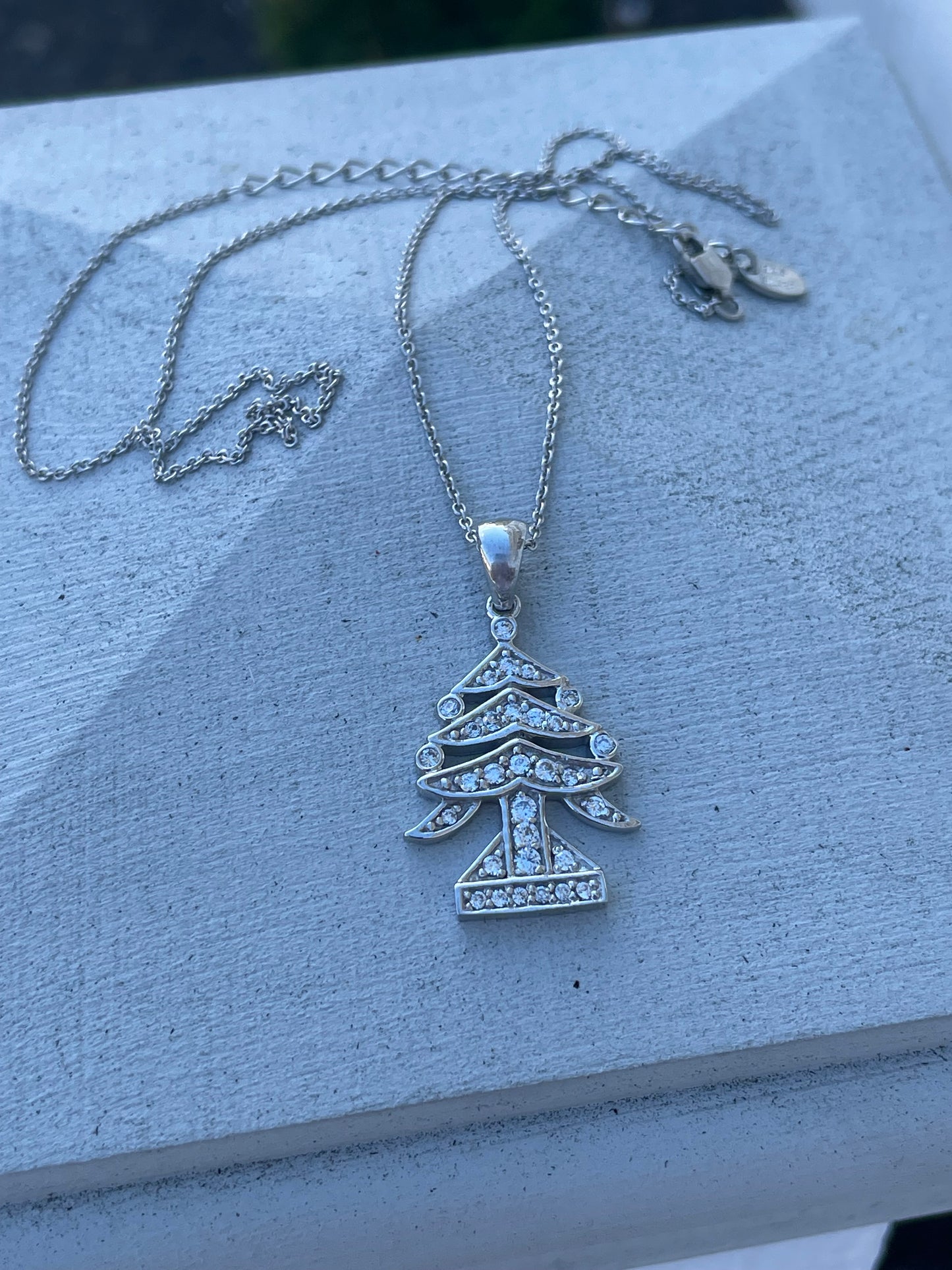 925 Sterling Silver Cubic Zirconia Christmas Tree Necklace 16-18”