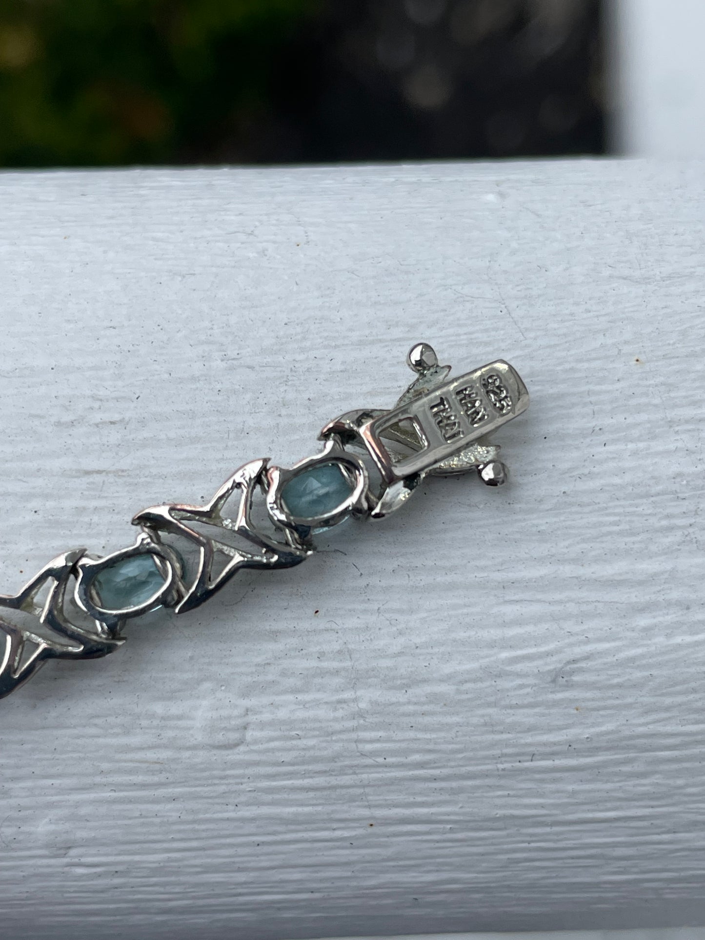 925 Sterling Silver Aquamarine Hugs & Kisses Tennis Bracelet 7”