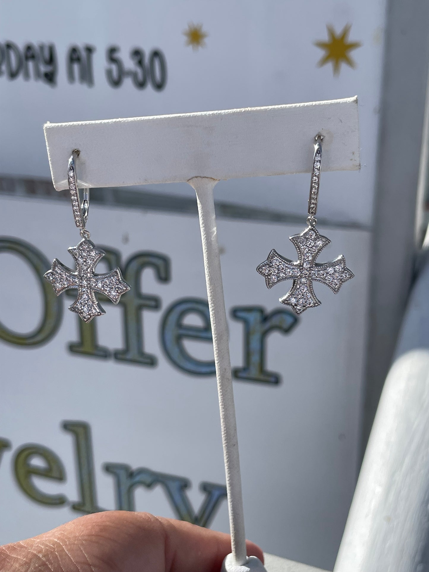 925 Sterling Silver Sparkling Iron Cross Dangle Earrings Signed DE