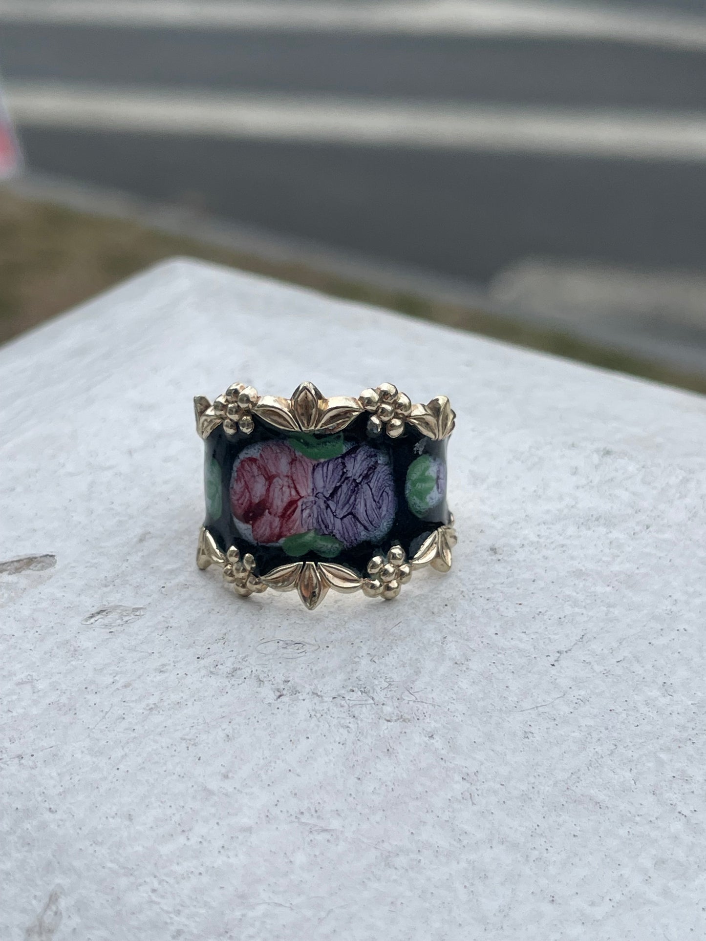 925 Sterling Silver Vermeil Hand Enameled Flower Band Ring Size 8