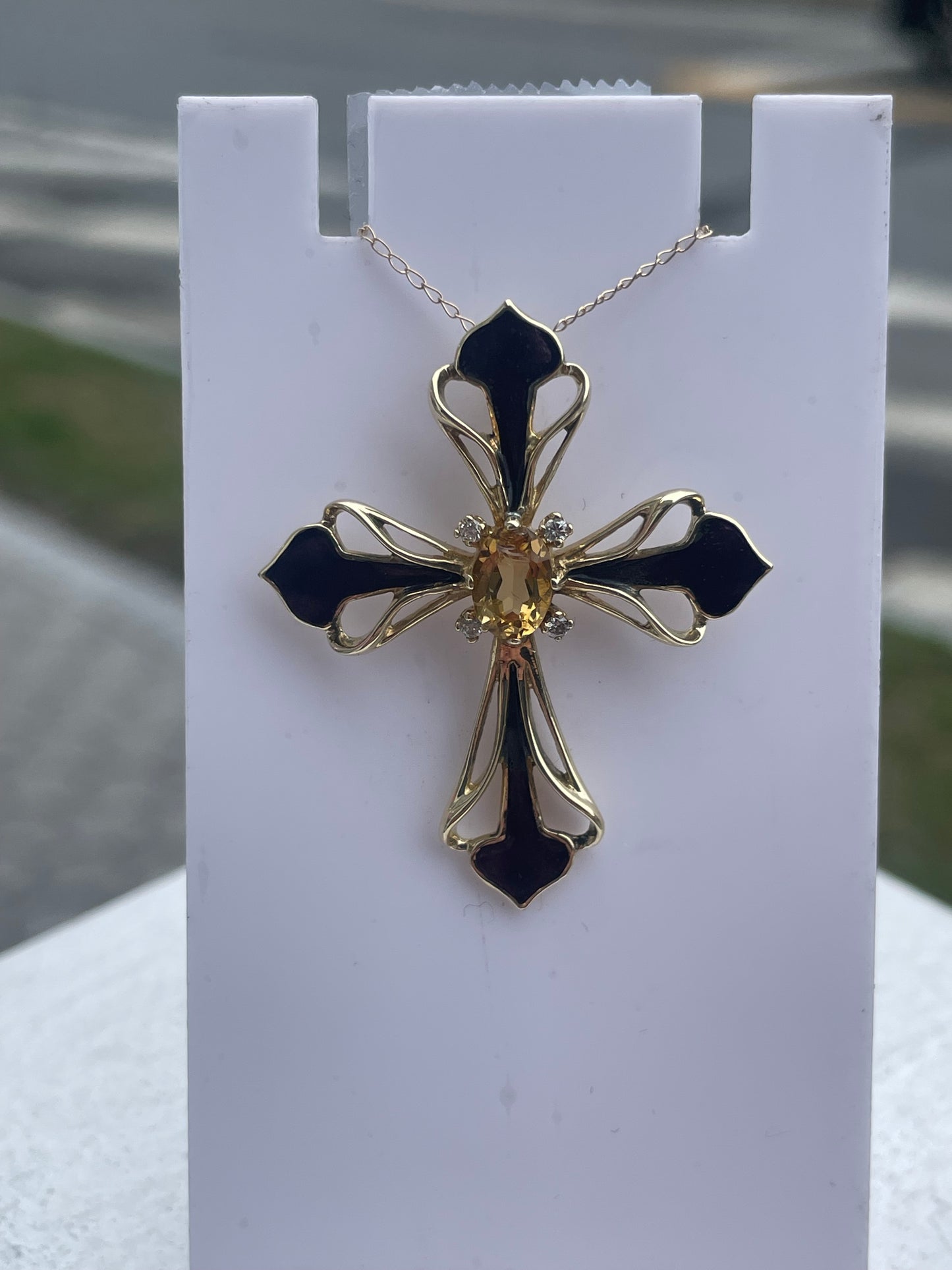14k Gold Citrine Diamond & Purple Enamel Fancy Cross Necklace Signed FM 86.
