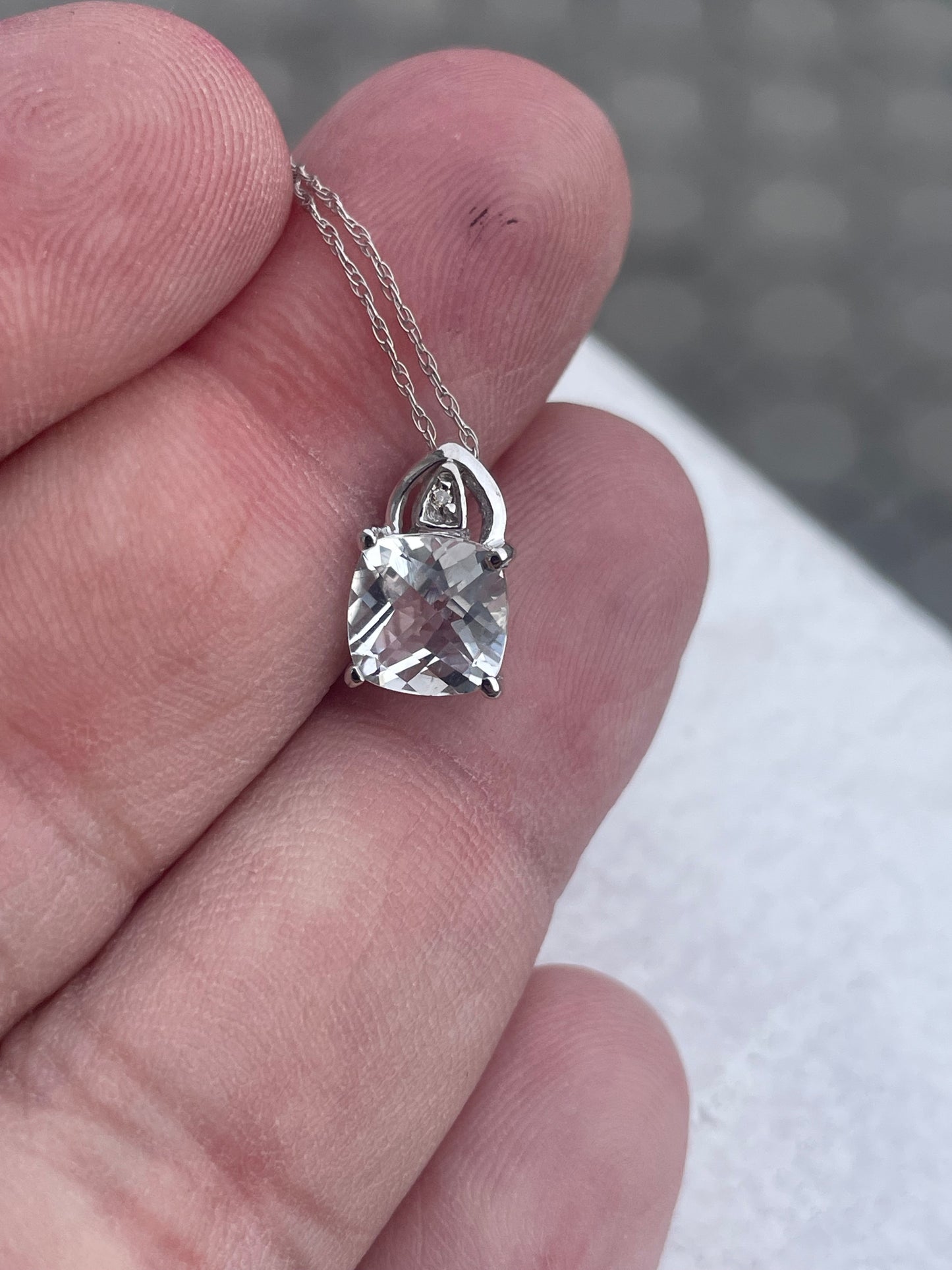 10k White Gold White Topaz & Diamond Necklace 18”