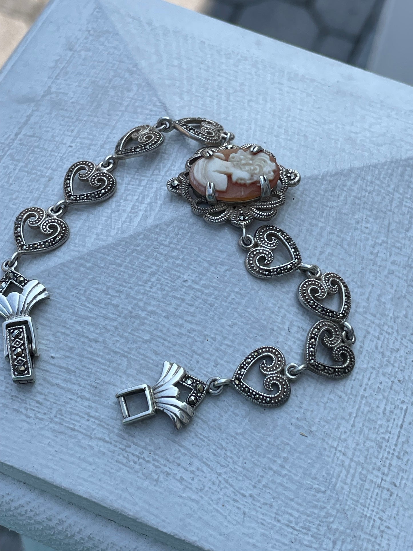 925 Sterling Silver Shell Cameo & Marcasite Bracelet