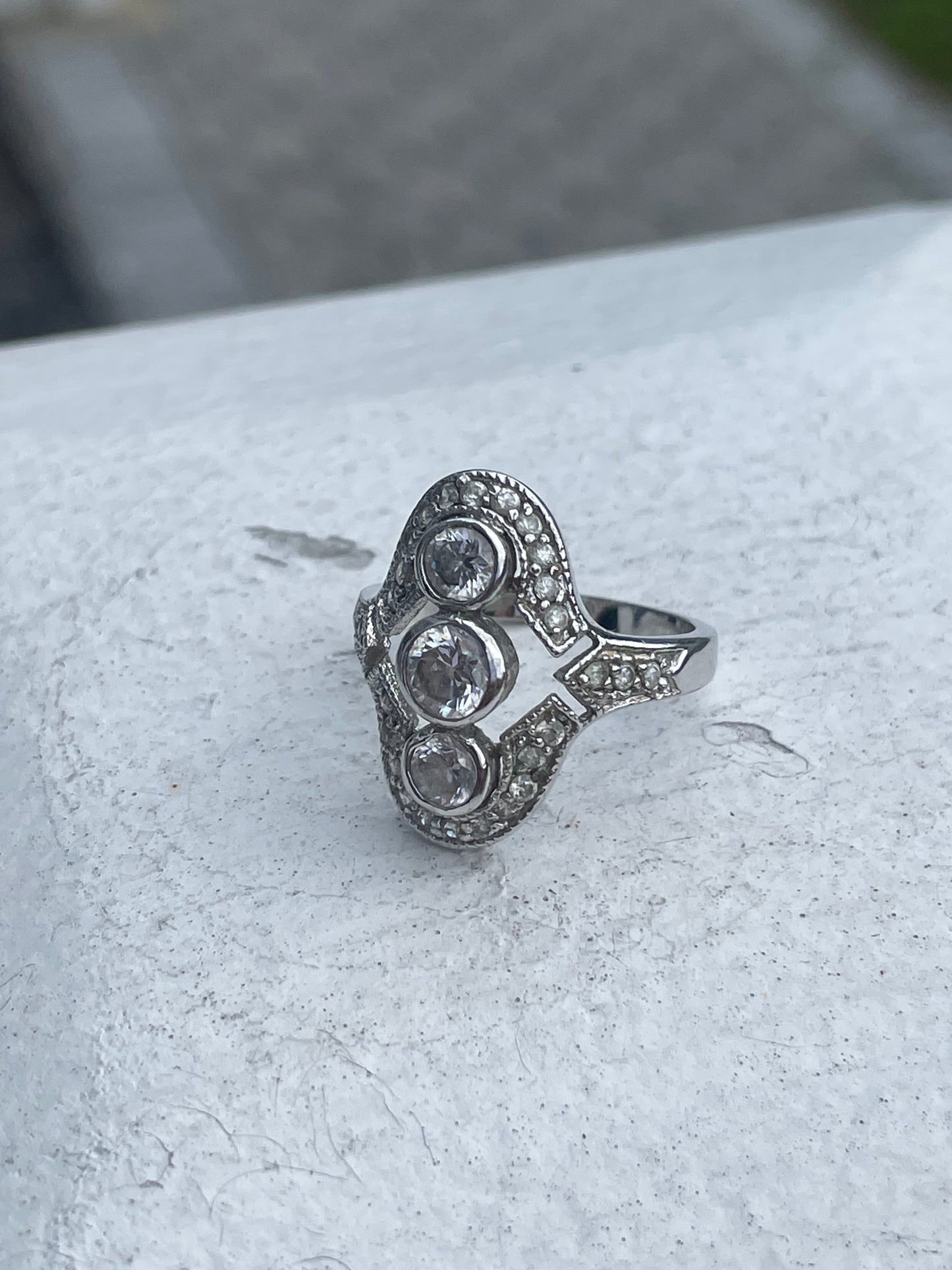 925 Sterling Silver Modern Art Deco Cz Past Present Future Ring Size 7.25