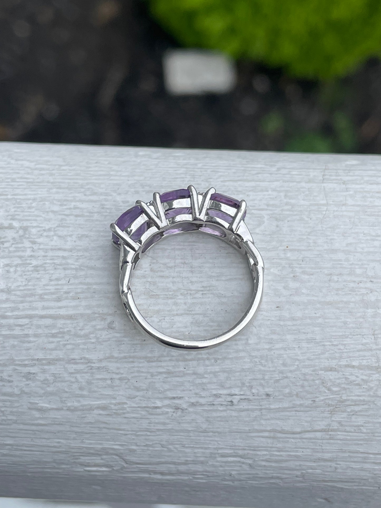 925 Sterling Silver Past Present Future Amethyst & Cz Band Ring Size 6