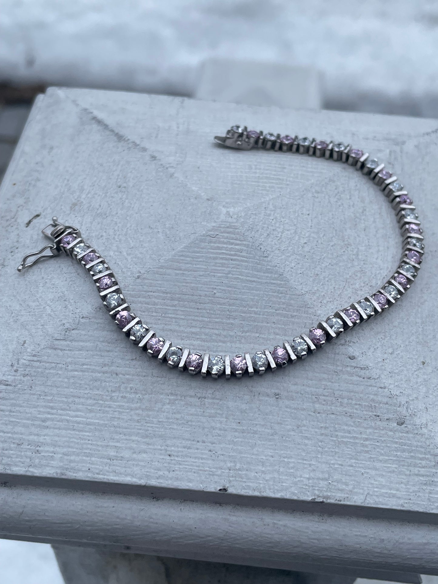 925 Sterling Silver Pink & Clear Cz Tennis Bracelet 7.5”