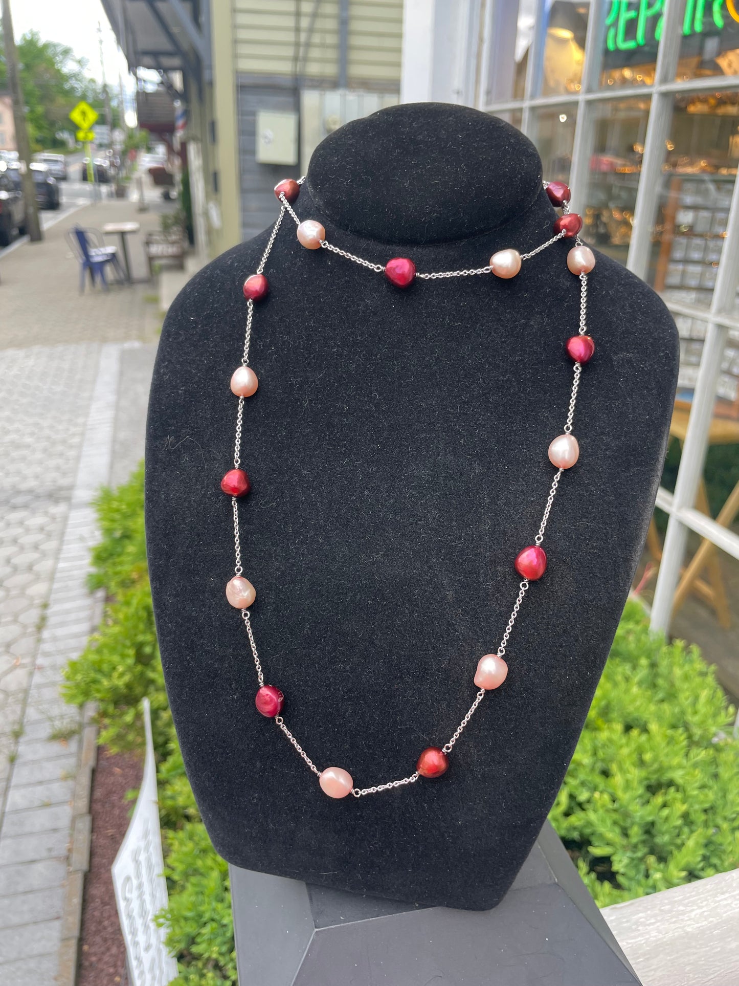925 Sterling Silver Colored Freshwater Pearl Necklace 32”