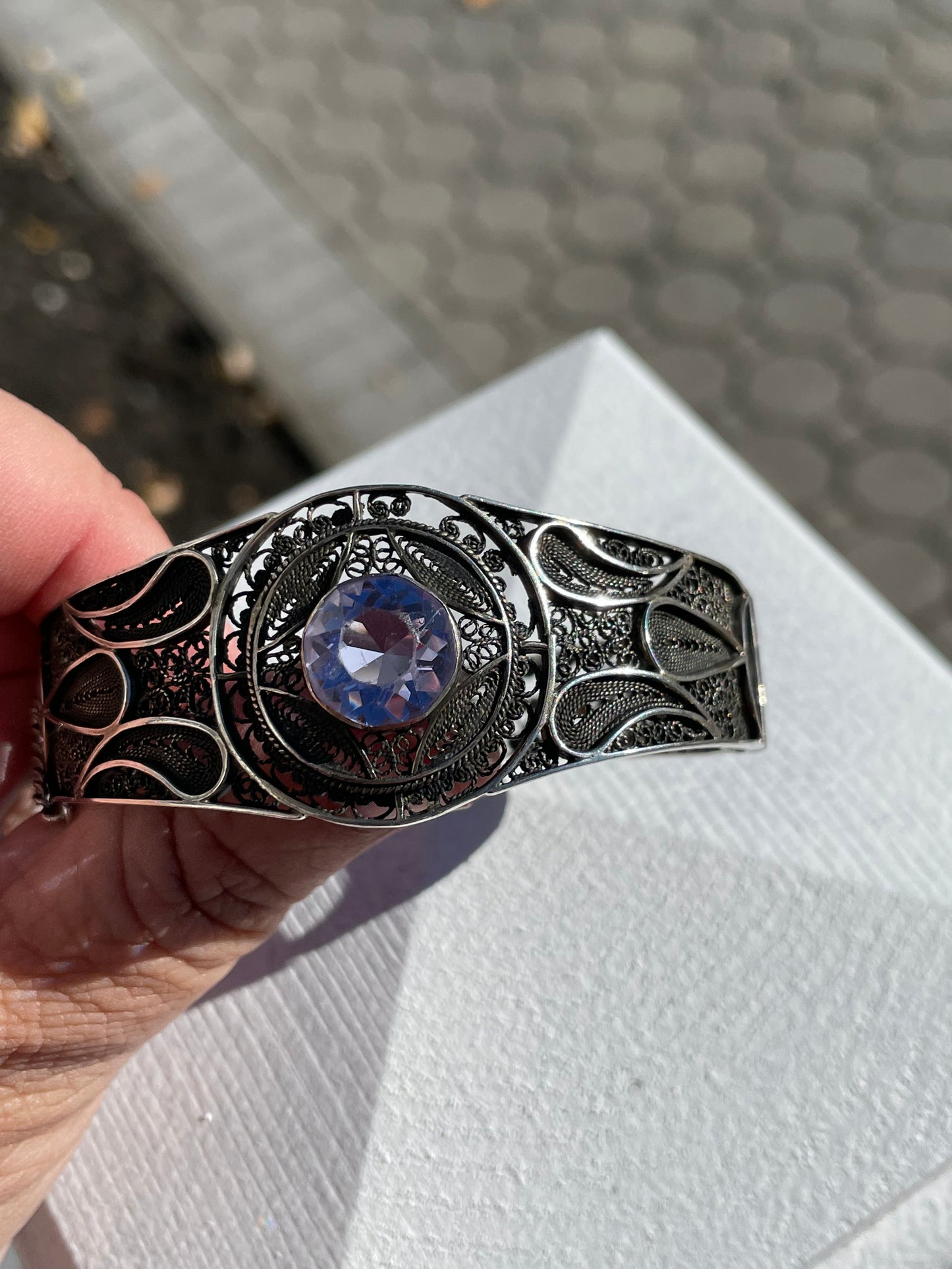 Vintage 925 Sterling Silver Lab Created Amethyst Wire Filigree Bracelet 7”