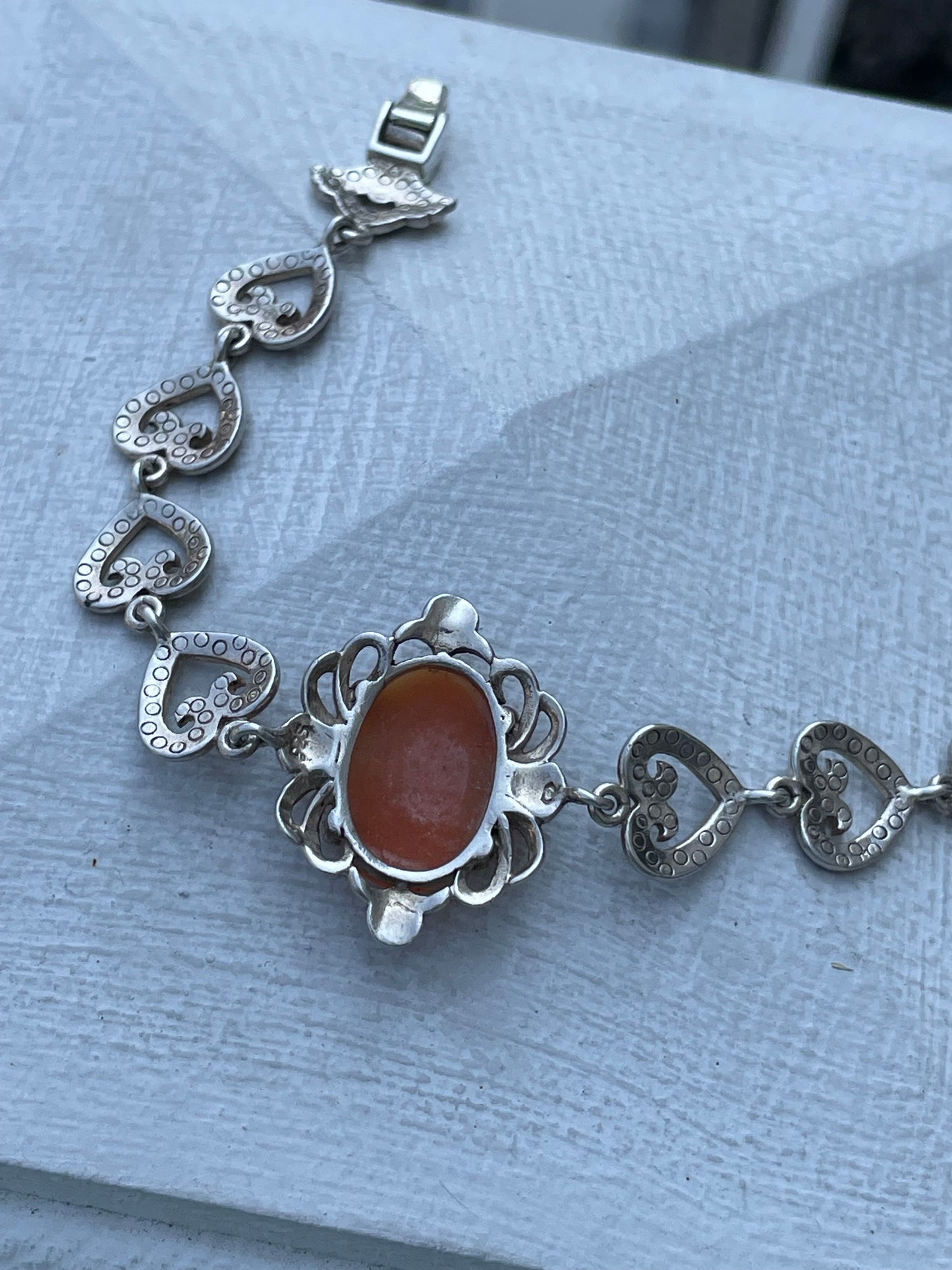 925 Sterling Silver Shell Cameo & Marcasite Bracelet