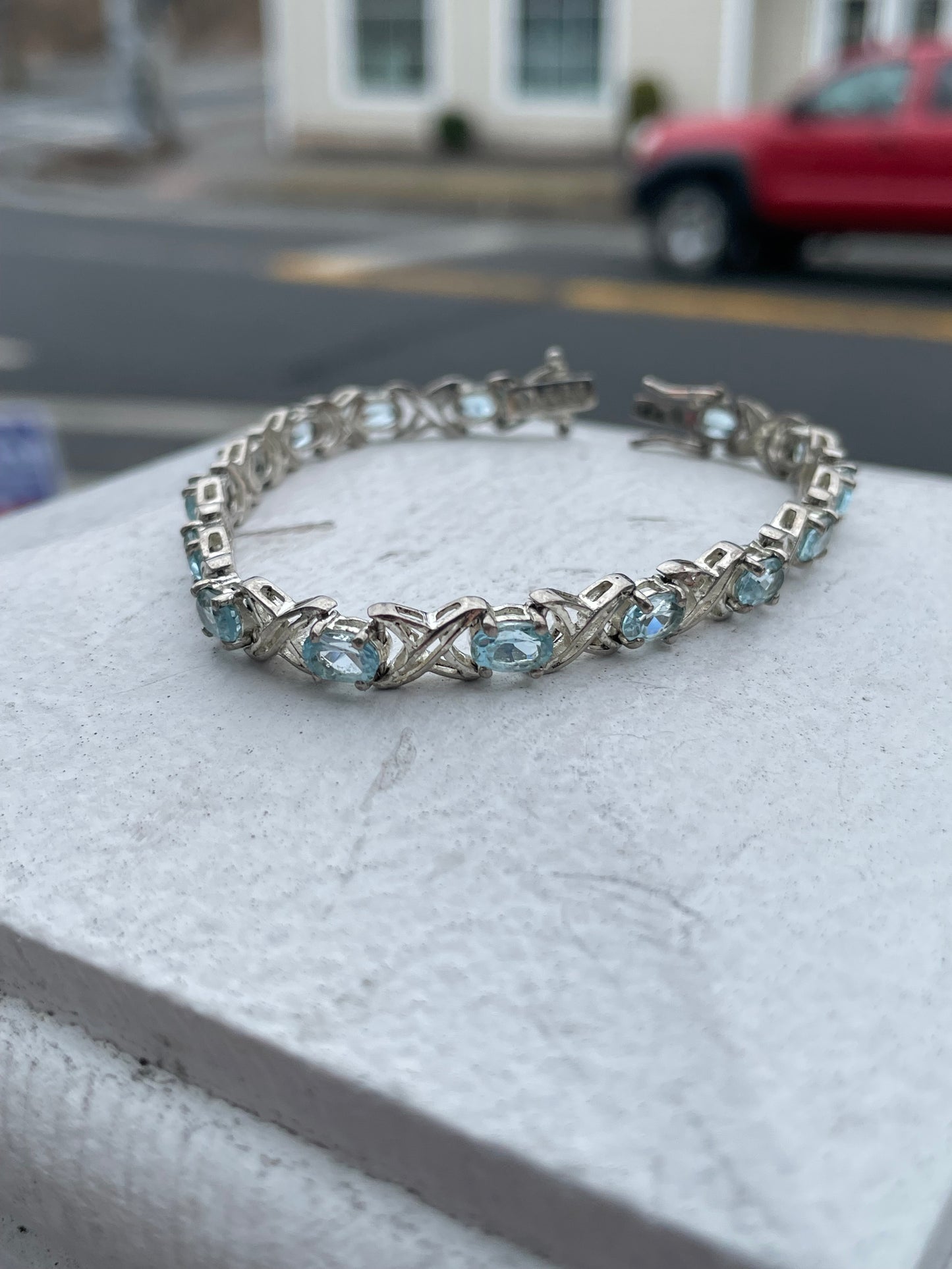 925 Sterling Silver Aquamarine Hugs & Kisses Tennis Bracelet 7”