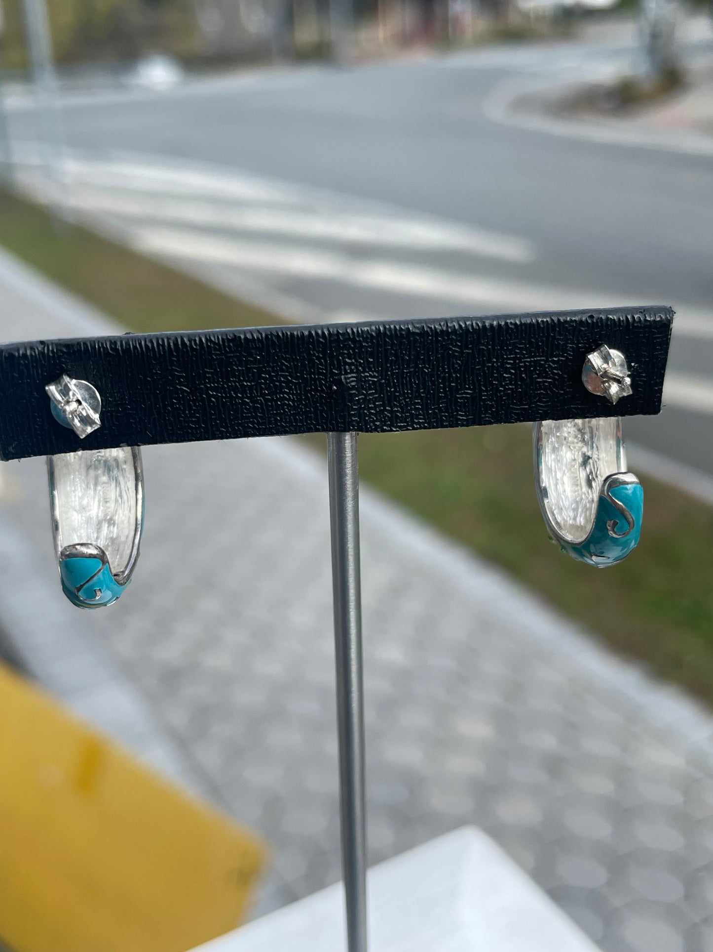 Designer David Sigal Decorative Blue Enamel 3/4 Hoop Earrings