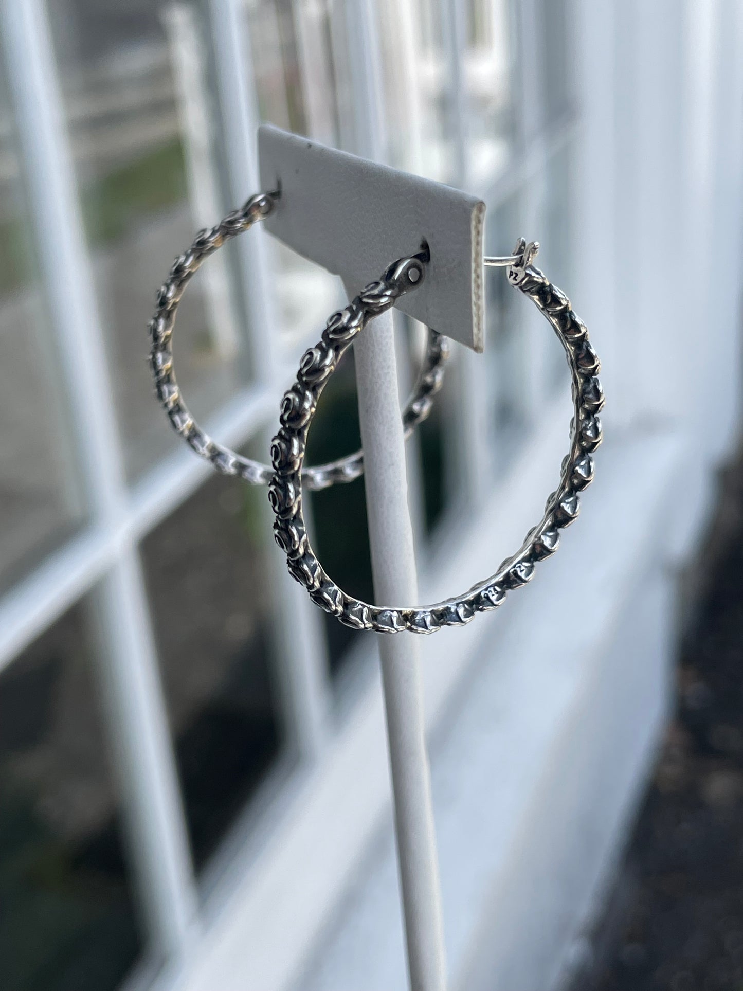 Designer Paz 925 Sterling Silver Row of Roses Hoop Earrings