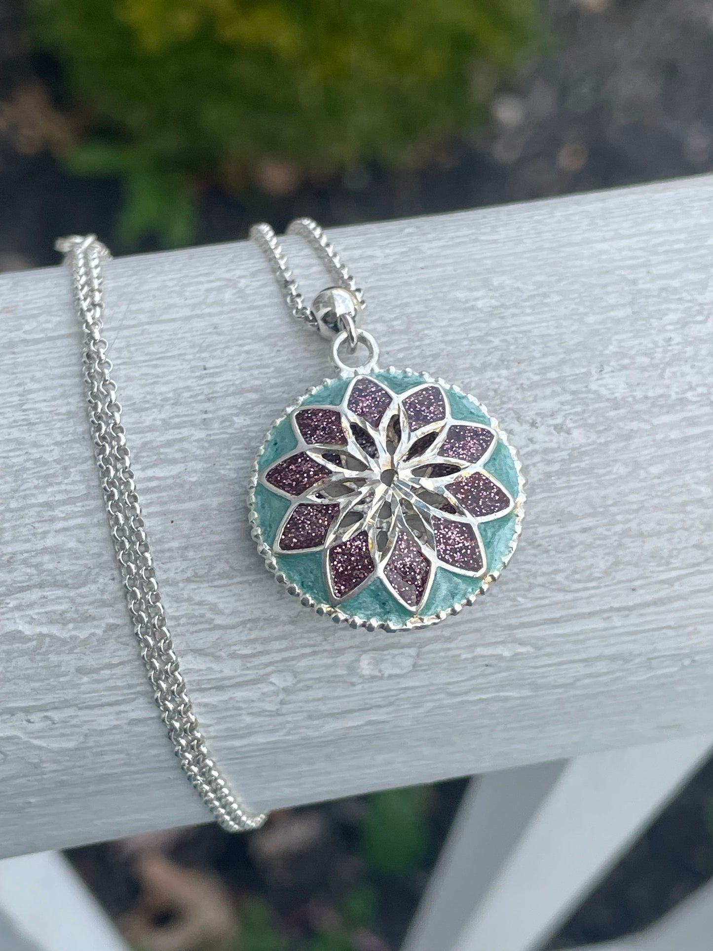 925 Sterling Silver 3D Enameled Round Flower Design Necklace