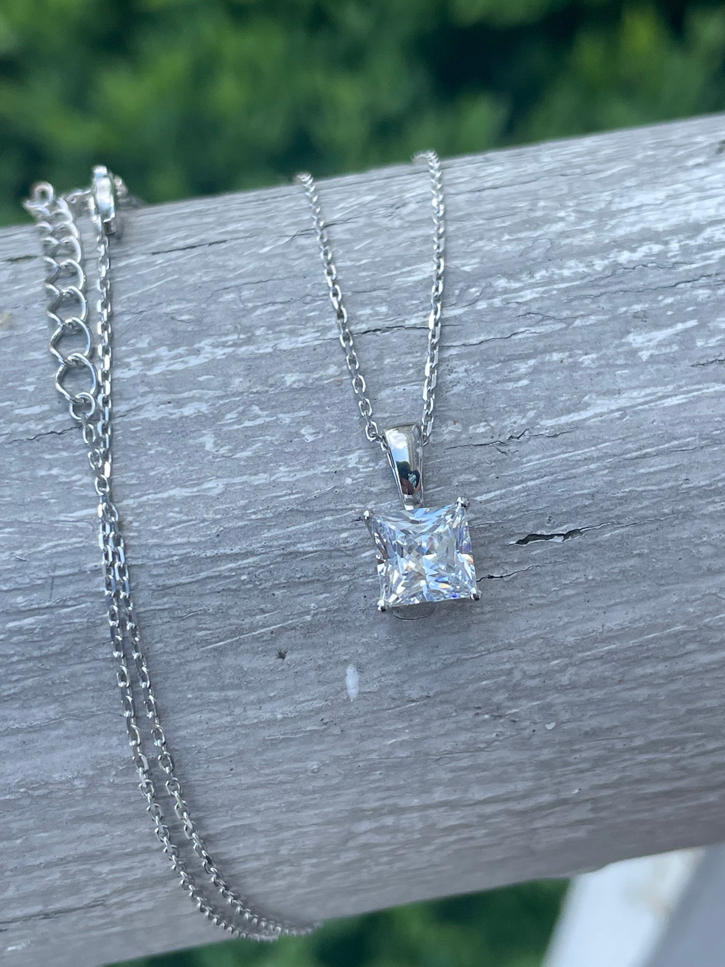 925 Sterling Silver 1.00 Clear Zirconia or Opalite Princess Cut Solitaire Necklace