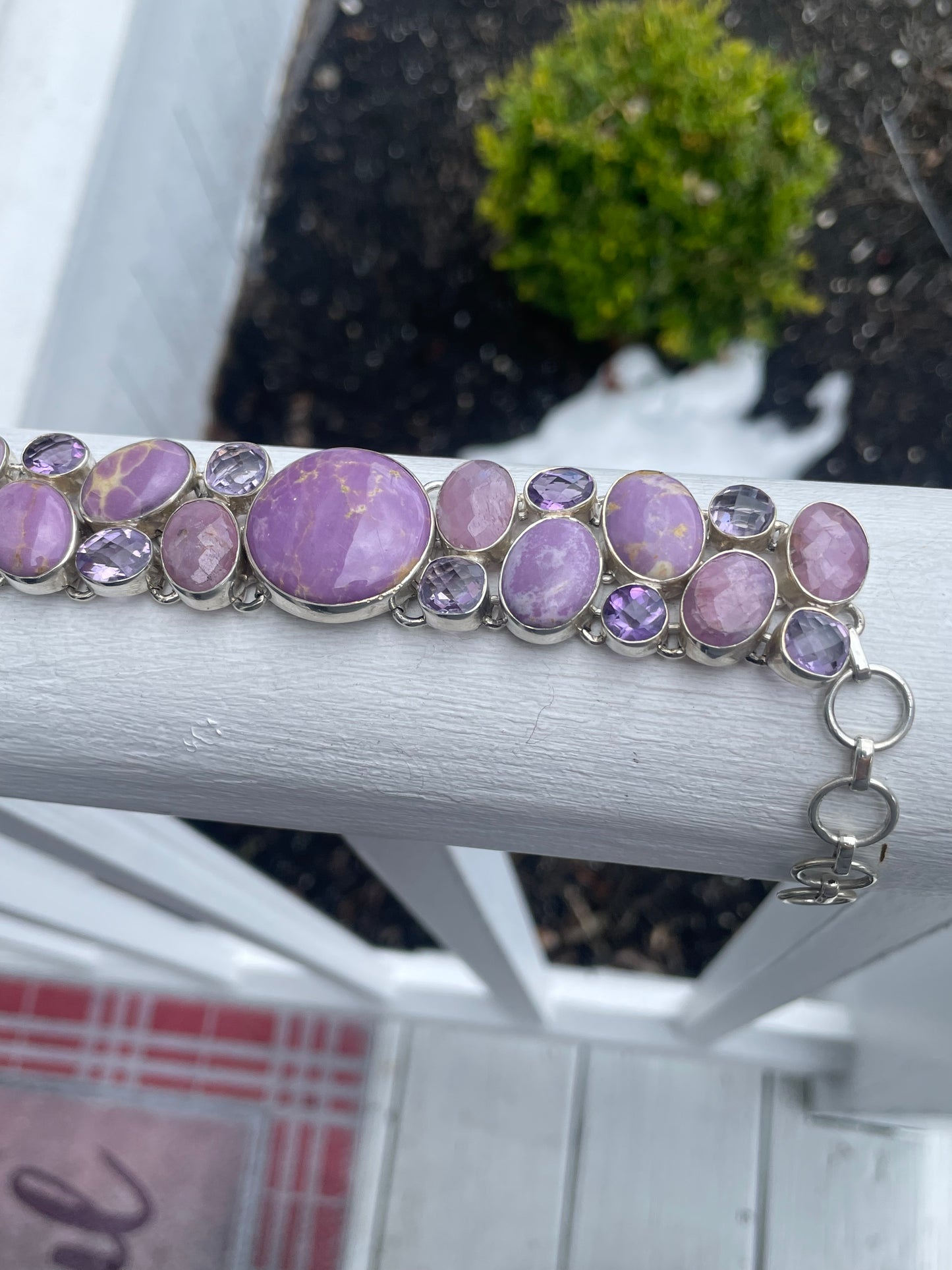 925 Sterling Silver Large Stone Cluster Bracelet ~ Amethyst Rose Quartz & Lavender Agate 8”