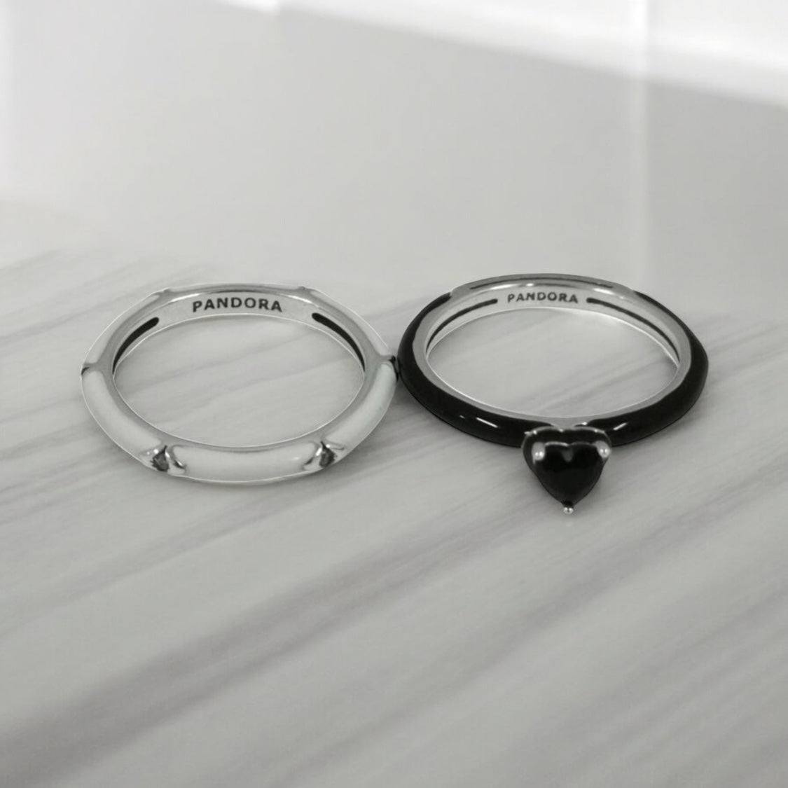 Pandora 2pc White & Black Enamel Rings with Heart Shape Black Cz