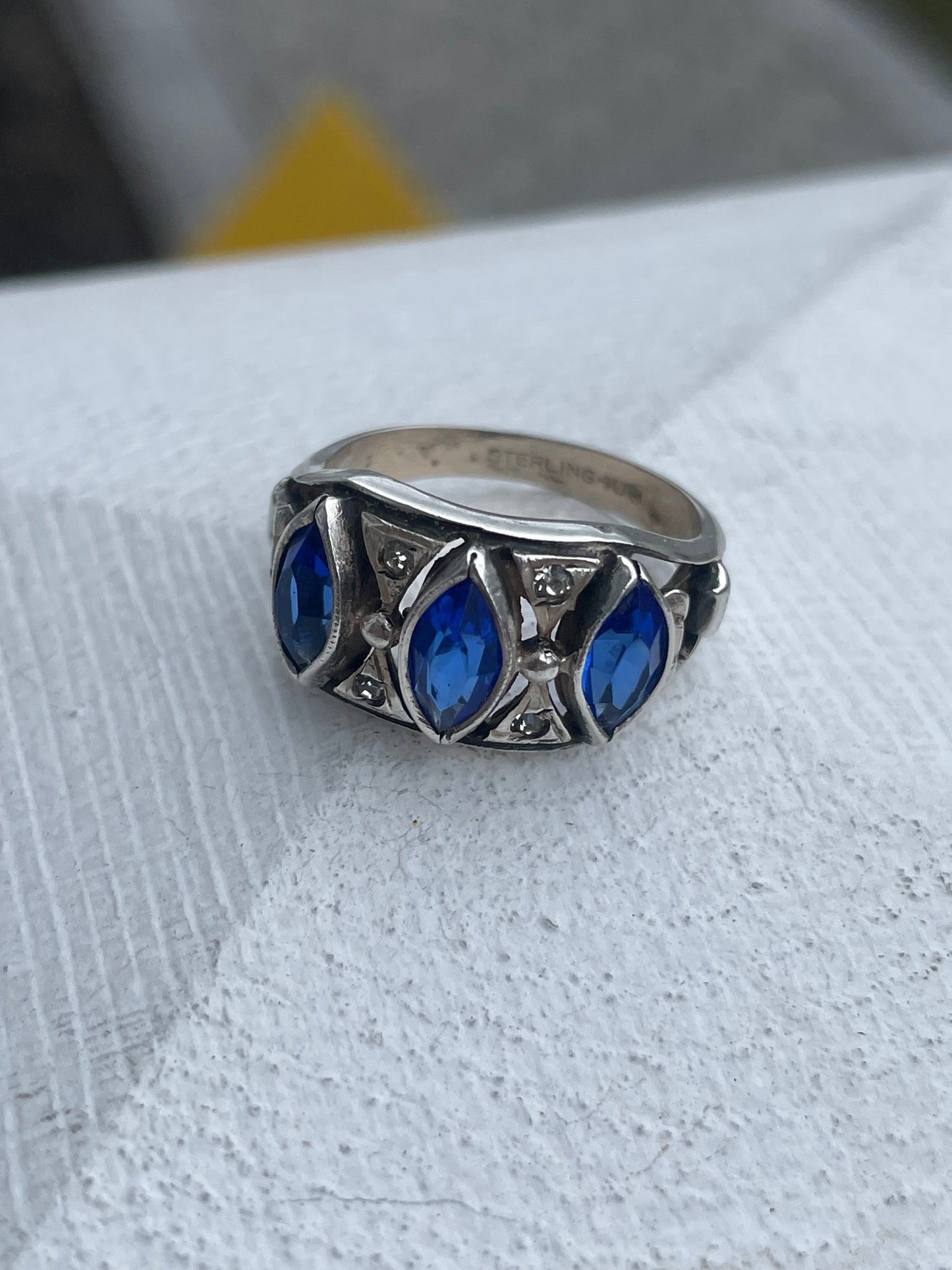 Vintage 925 Sterling Silver Simulated Sapphire & White Topaz Band Ring Size 8