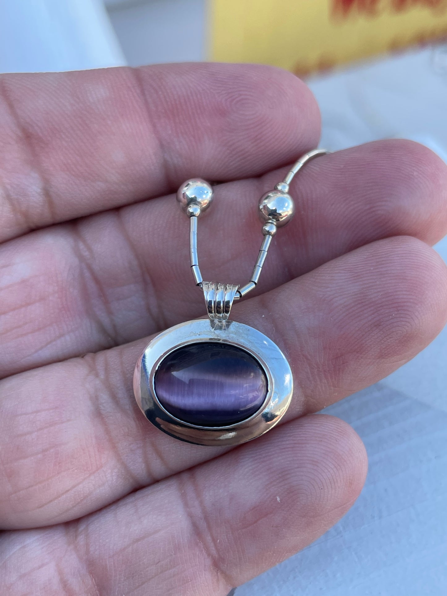 925 Sterling Silver Purple Cats Eye Beaded Necklace