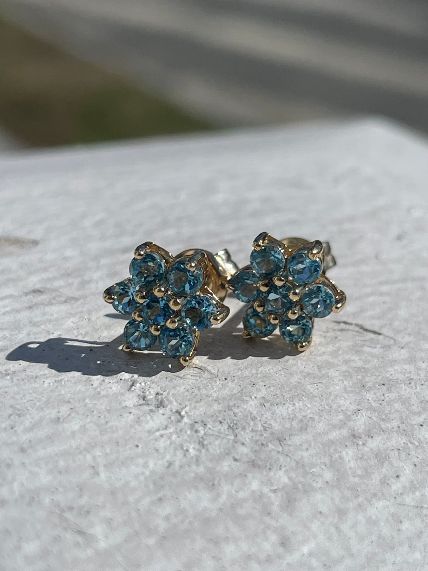 14k Blue Topaz Flower Cluster Earrings