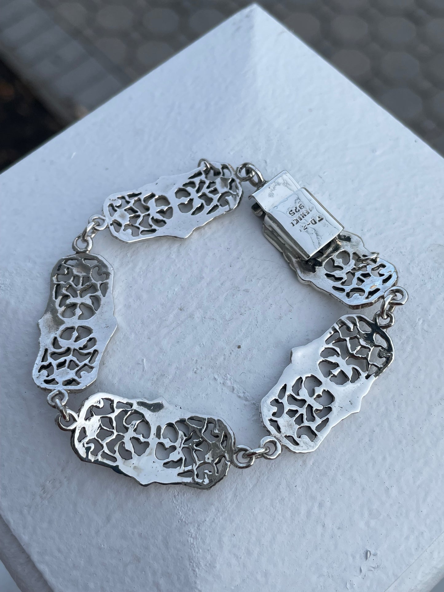 Vintage 925 Handmade Open Lattice Bar Bracelet 7.5”