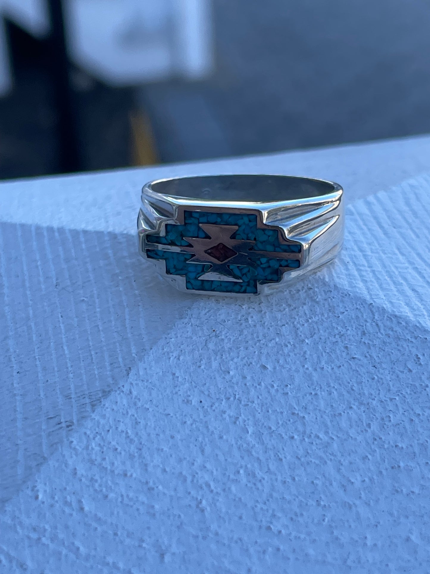 925 Sterling Silver Men’s Zuni Tribal Signet Tuquoise & Coral Ring Size 12.5