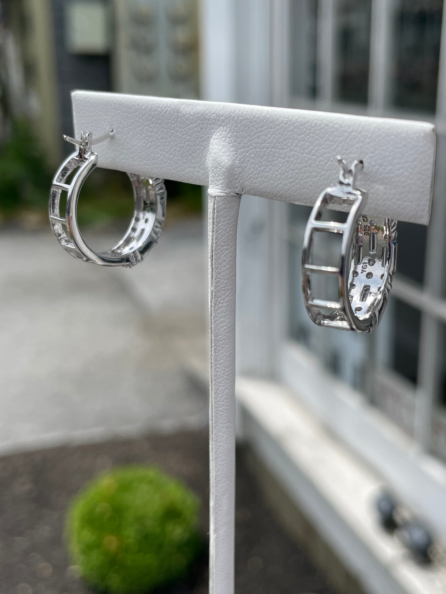 925 Sterling Silver Triple Row Sparkling Baguettes Zirconia Hoop Earrings