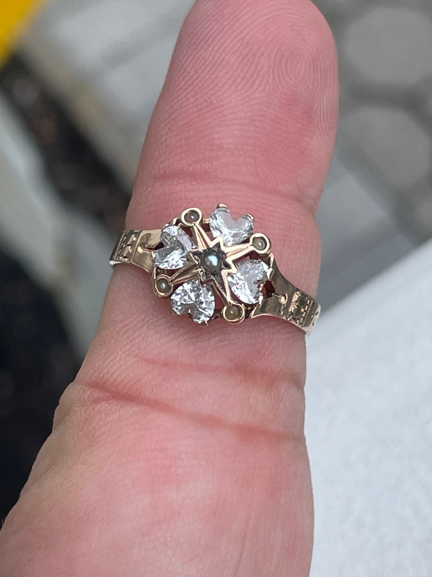 14k Rose Gold Antique Heart Cz & South Sea India Pearl Cluster Ring Size 7