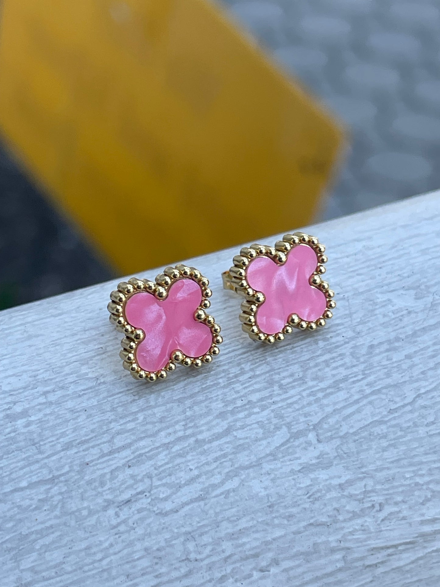 Stainless Steel Vermeil Van Cleef Style Pink Clover Earrings