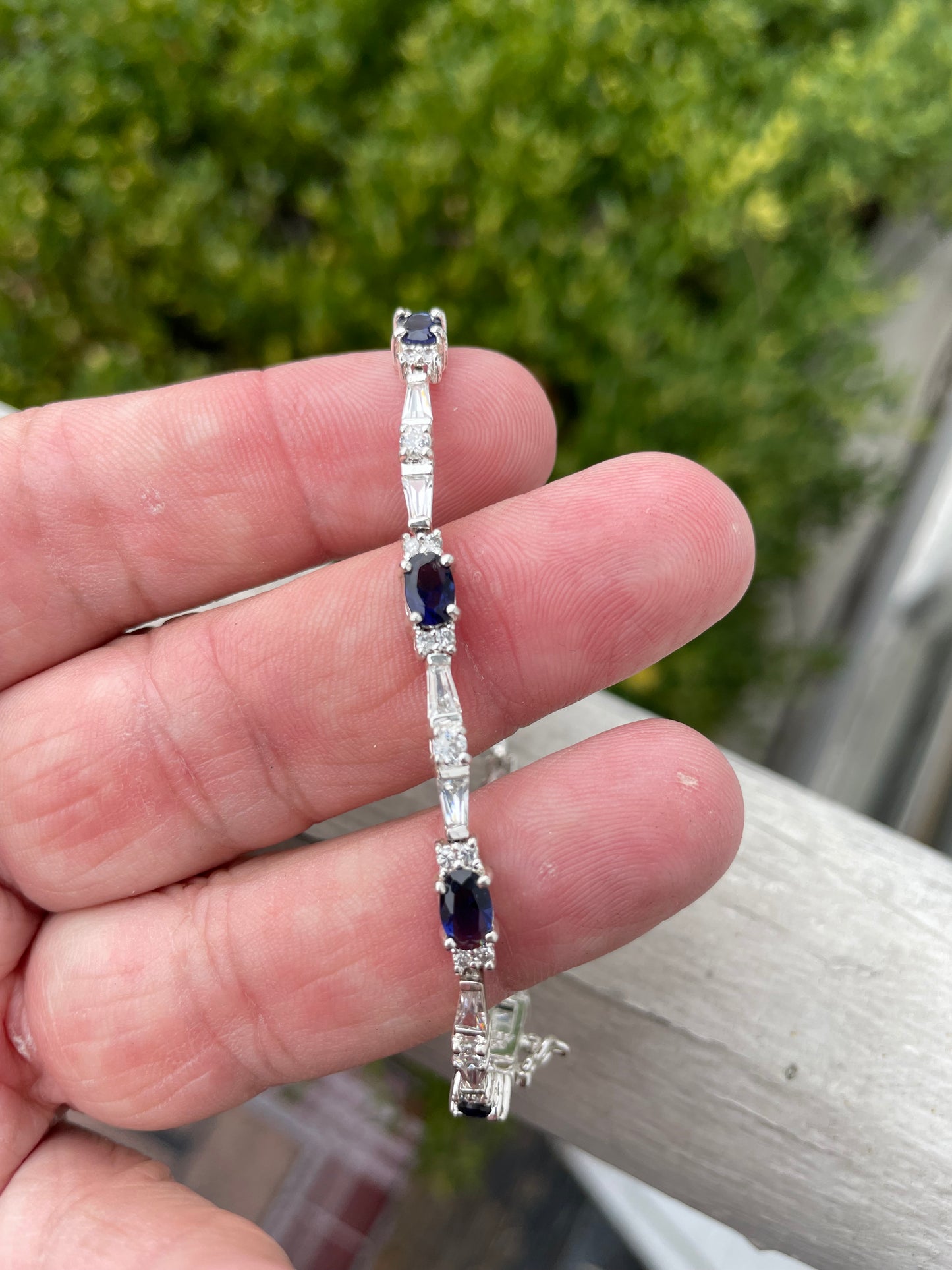 925 Sterling Silver Synthetic Sapphire & Clear Zirconia Tennis Bracelet