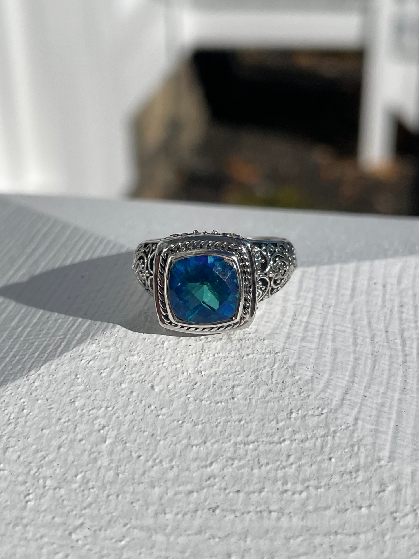 925 Sterling Silver Designer Sajen Caribbean Blue Topaz Filigree Ring Size 7