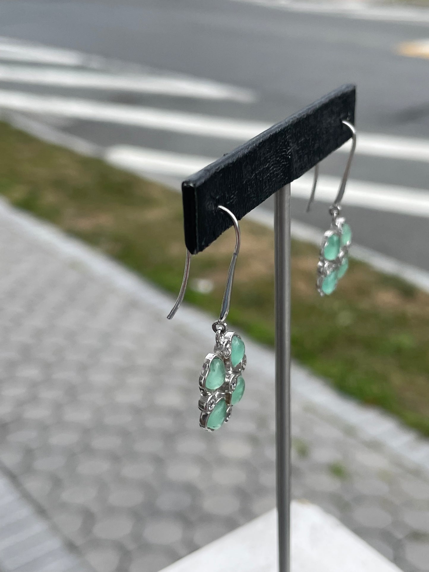925 Sterling Silver Green Aventurine 4-Leaf Heart Clover Dangle Earrings
