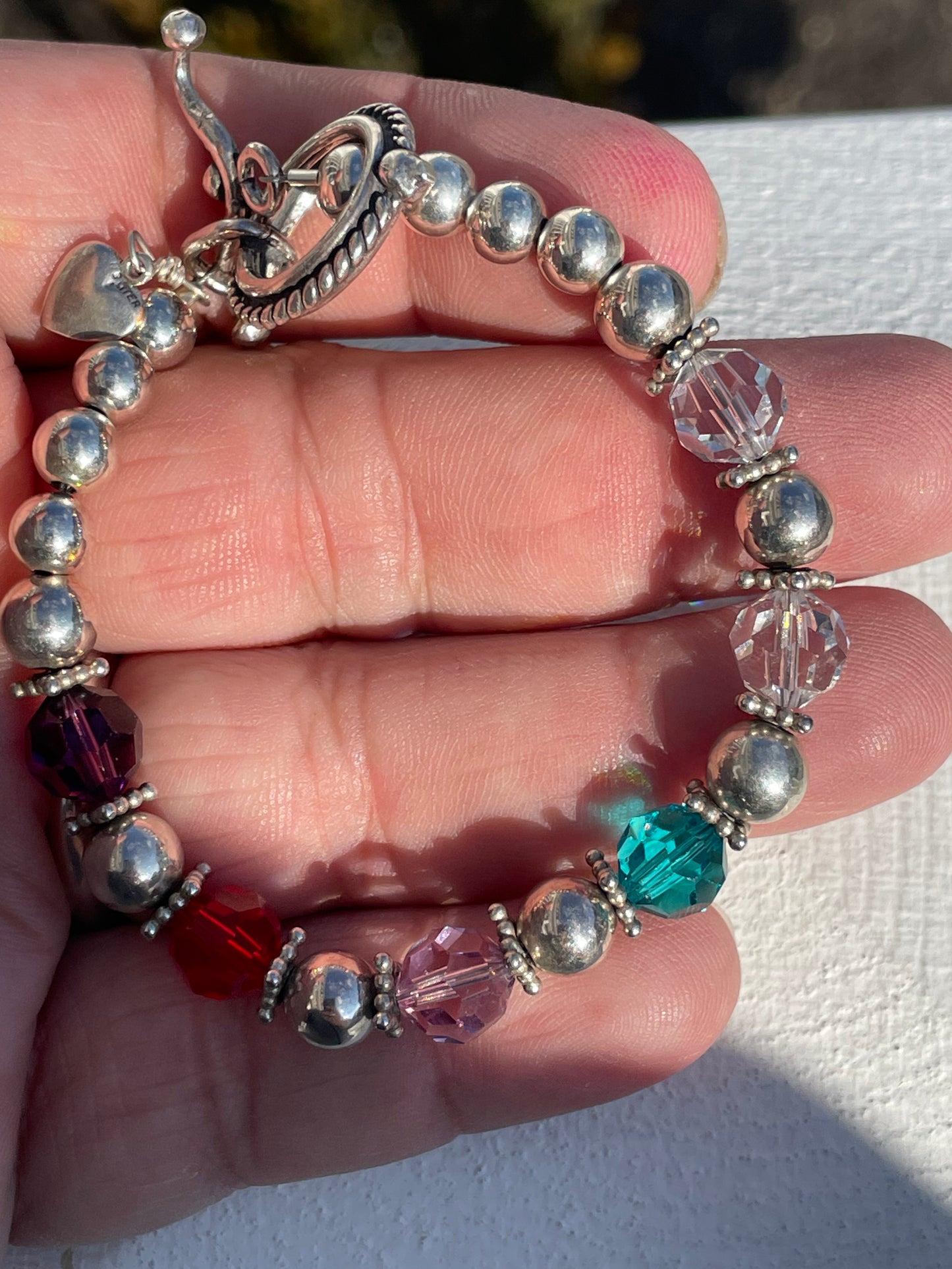 925 Sterling Silver Colored Crystal Beaded Bracelet 7.5”