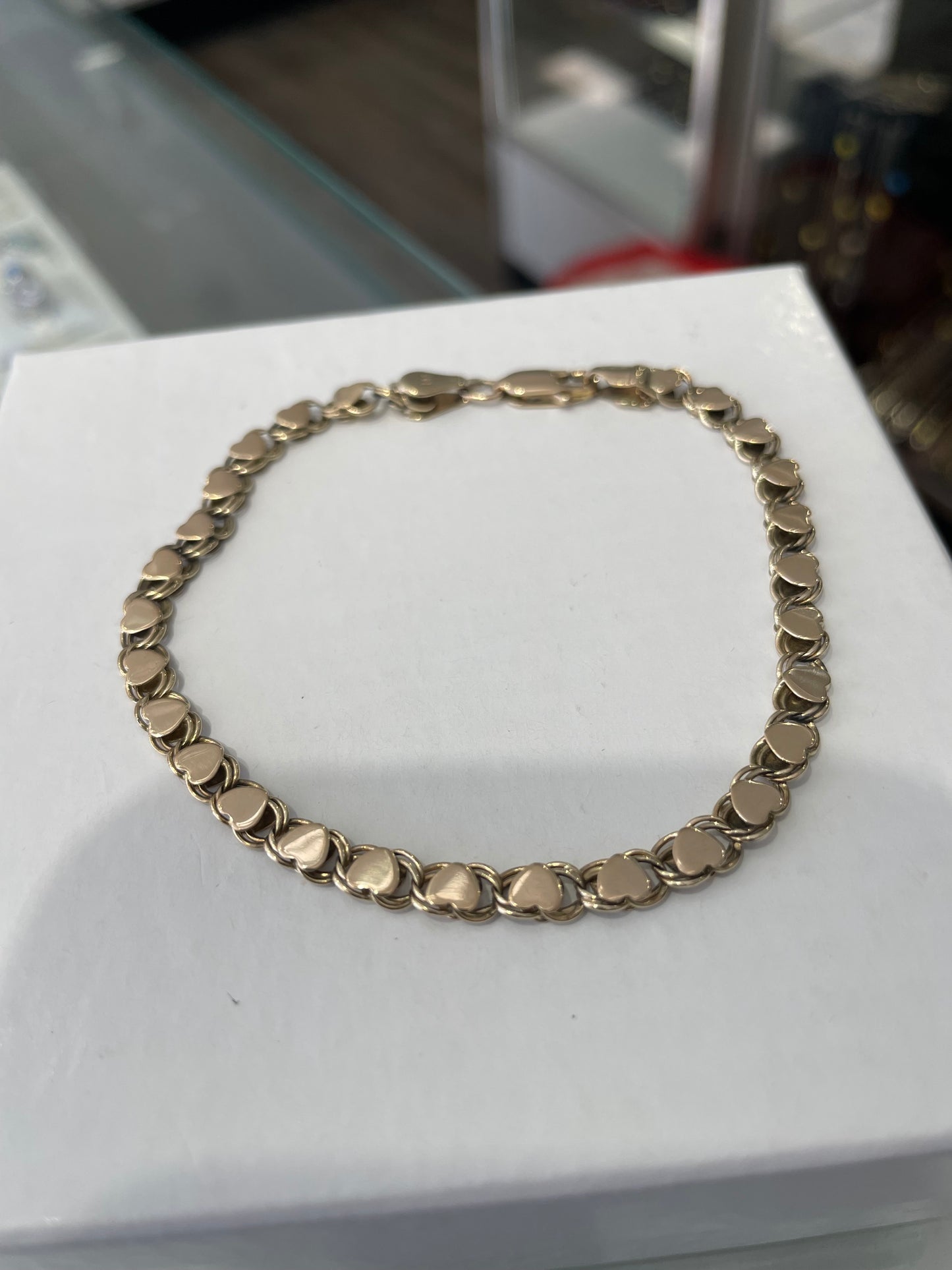 Solid 14k Gold Vintage Signet Heart Upon Heart Cobblestone Link Bracelet 8”