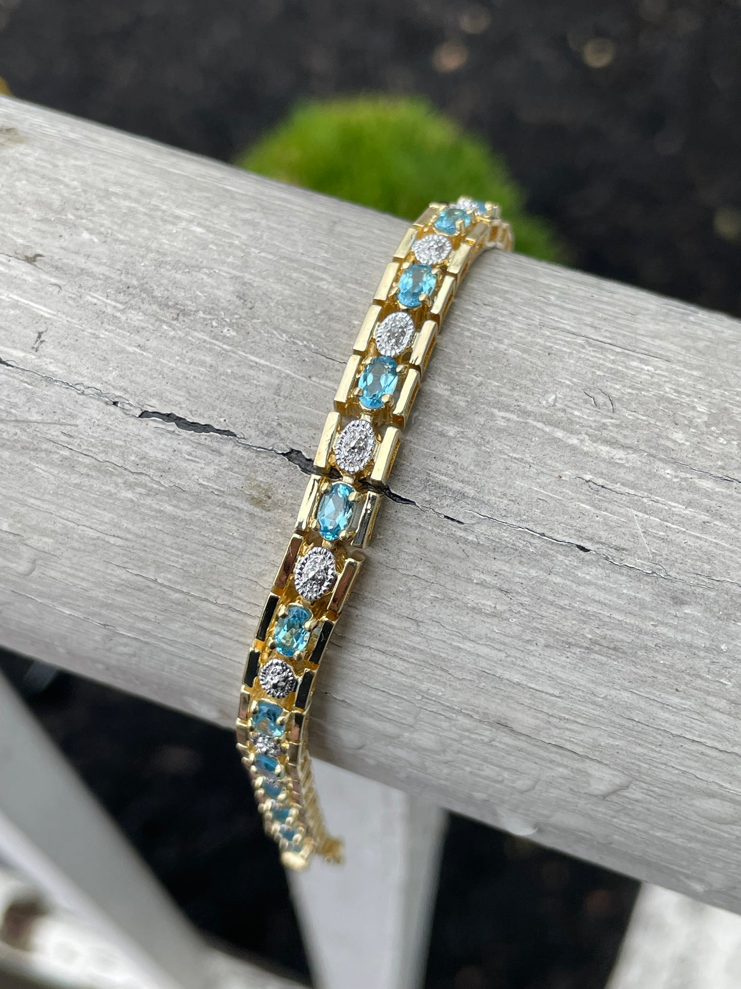 Designer JJT 925 Sterling Silver Vermeil Blue Topaz & Diamond Tennis Bracelet