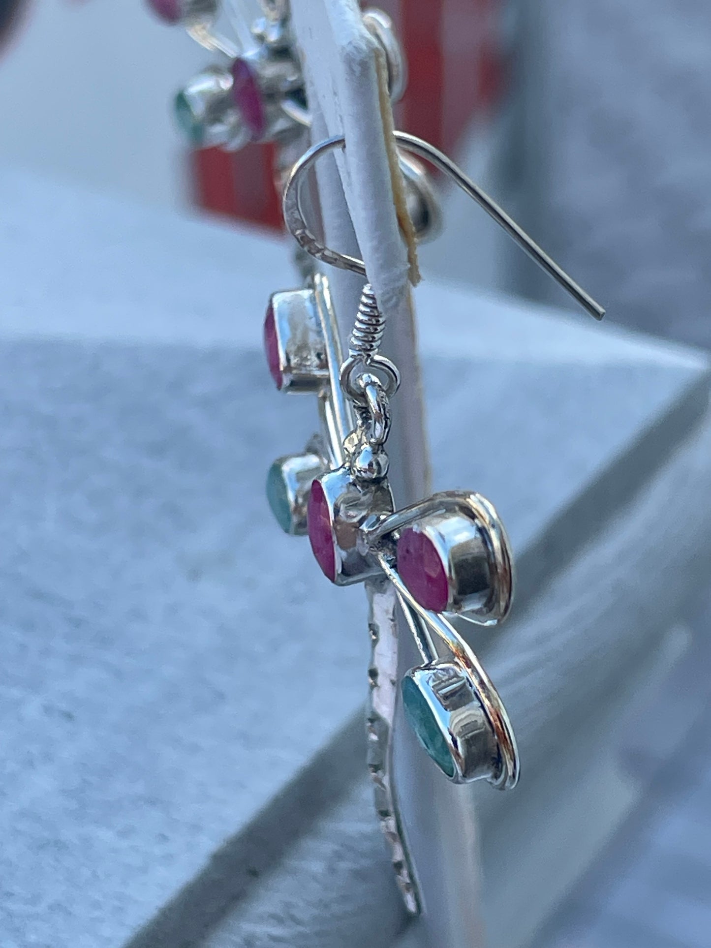 925 Sterling Silver Natural Ruby & Emerald Dragonfly Dangle Earrings