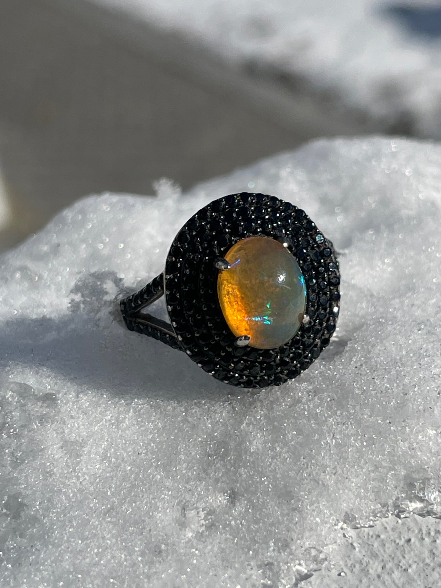 925 Sterling Silver Opal & Black Zirconia Cluster Ring Size 9.5