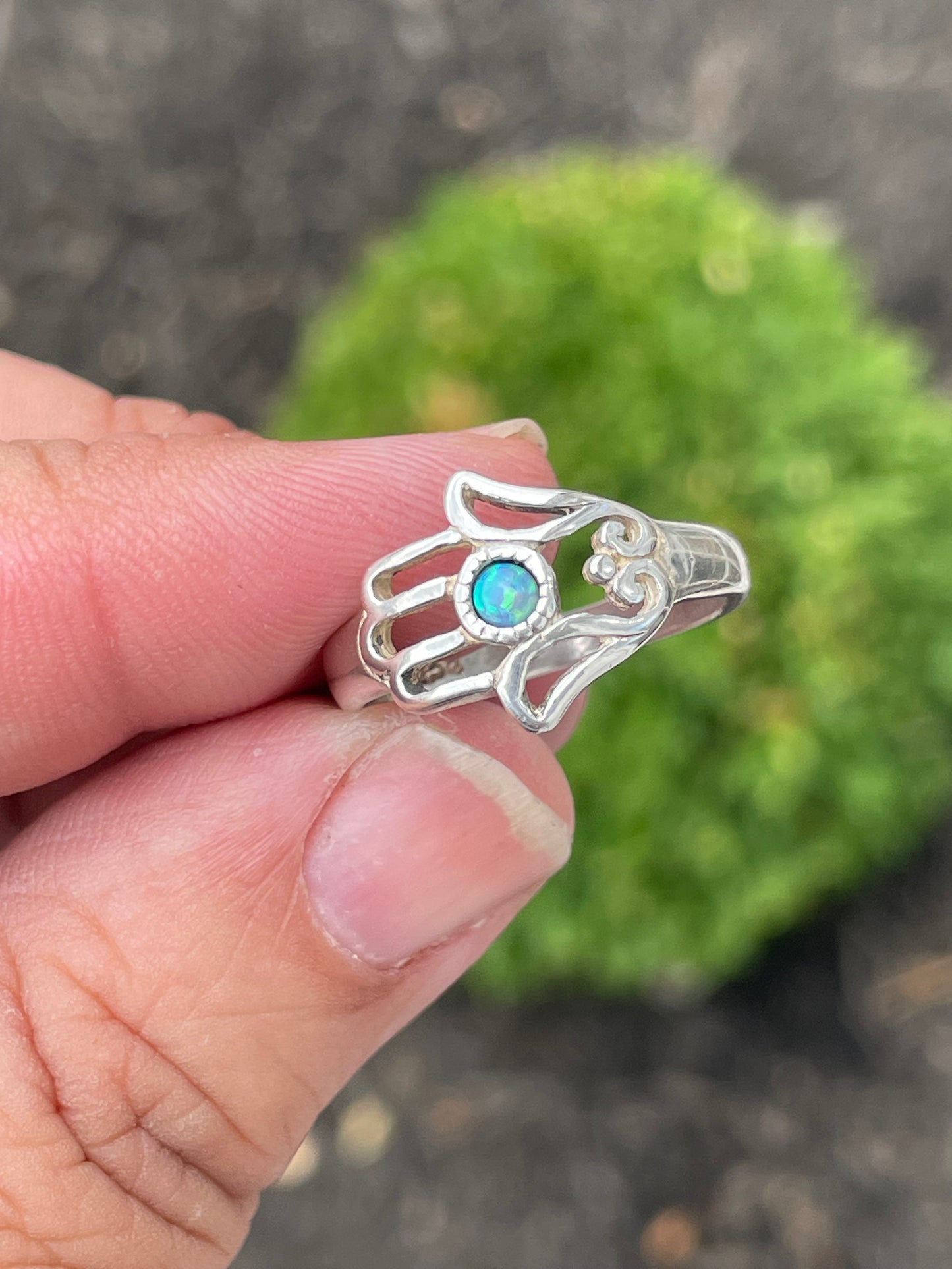 925 Sterling Silver Designer Shablool Didae Curved Hamsa Opal Ring