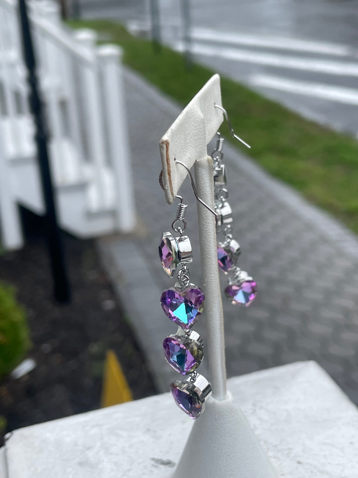 Stainless Steel Bi-Color Quartz Cascading Hearts Dangle Earrings