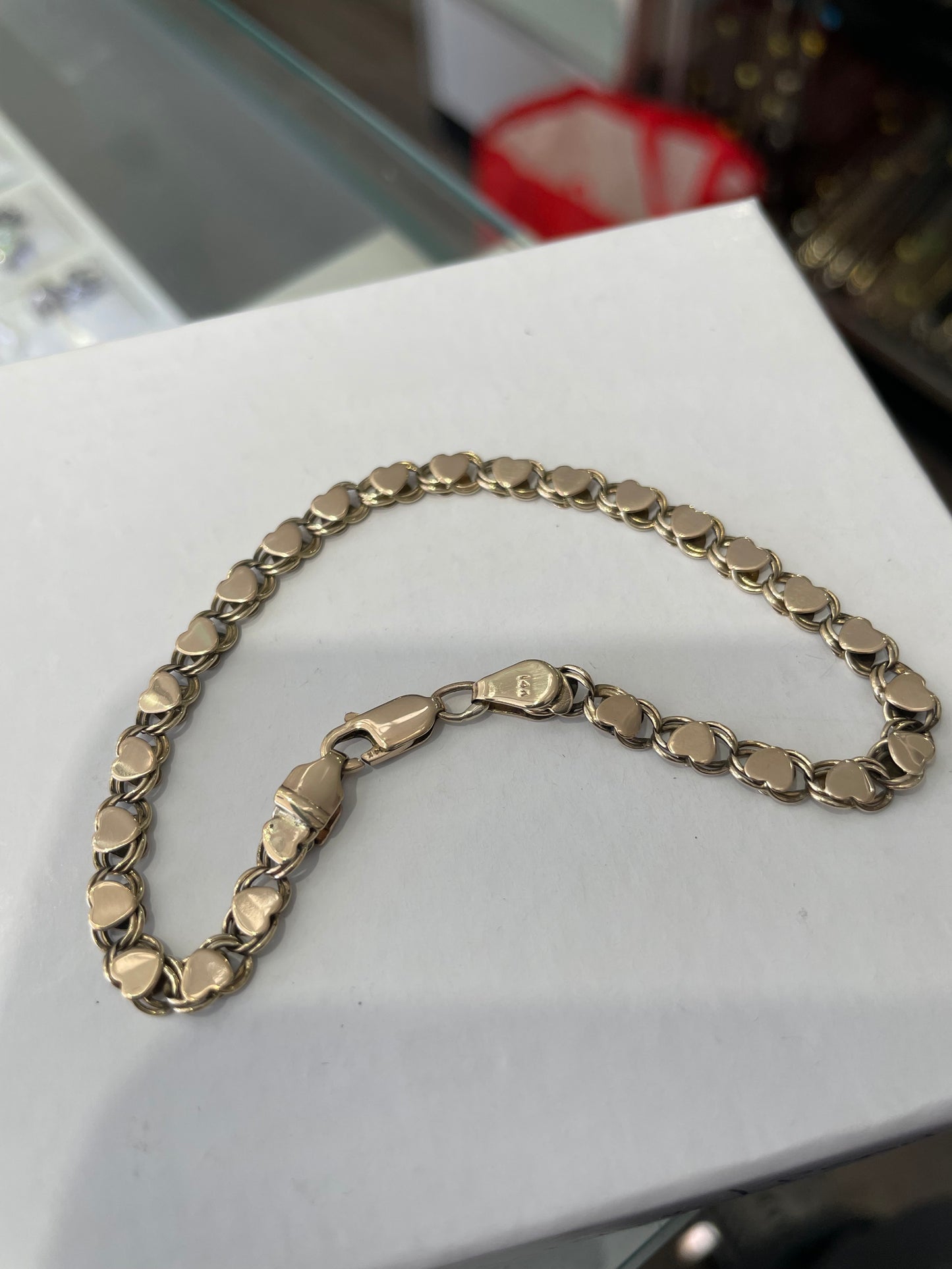 Solid 14k Gold Vintage Signet Heart Upon Heart Cobblestone Link Bracelet 8”