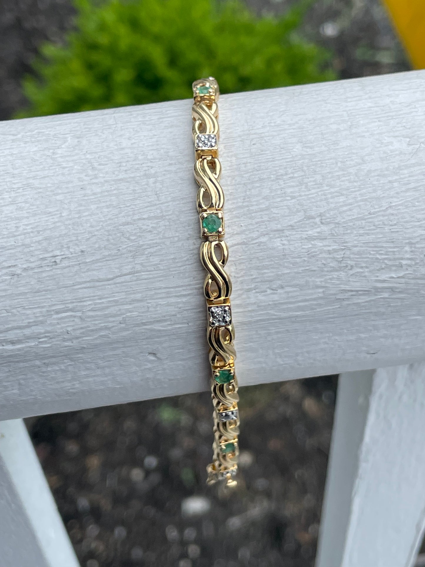 925 Sterling Silver Vermeil Natural Emerald & Diamond XO Bracelet 7.25”