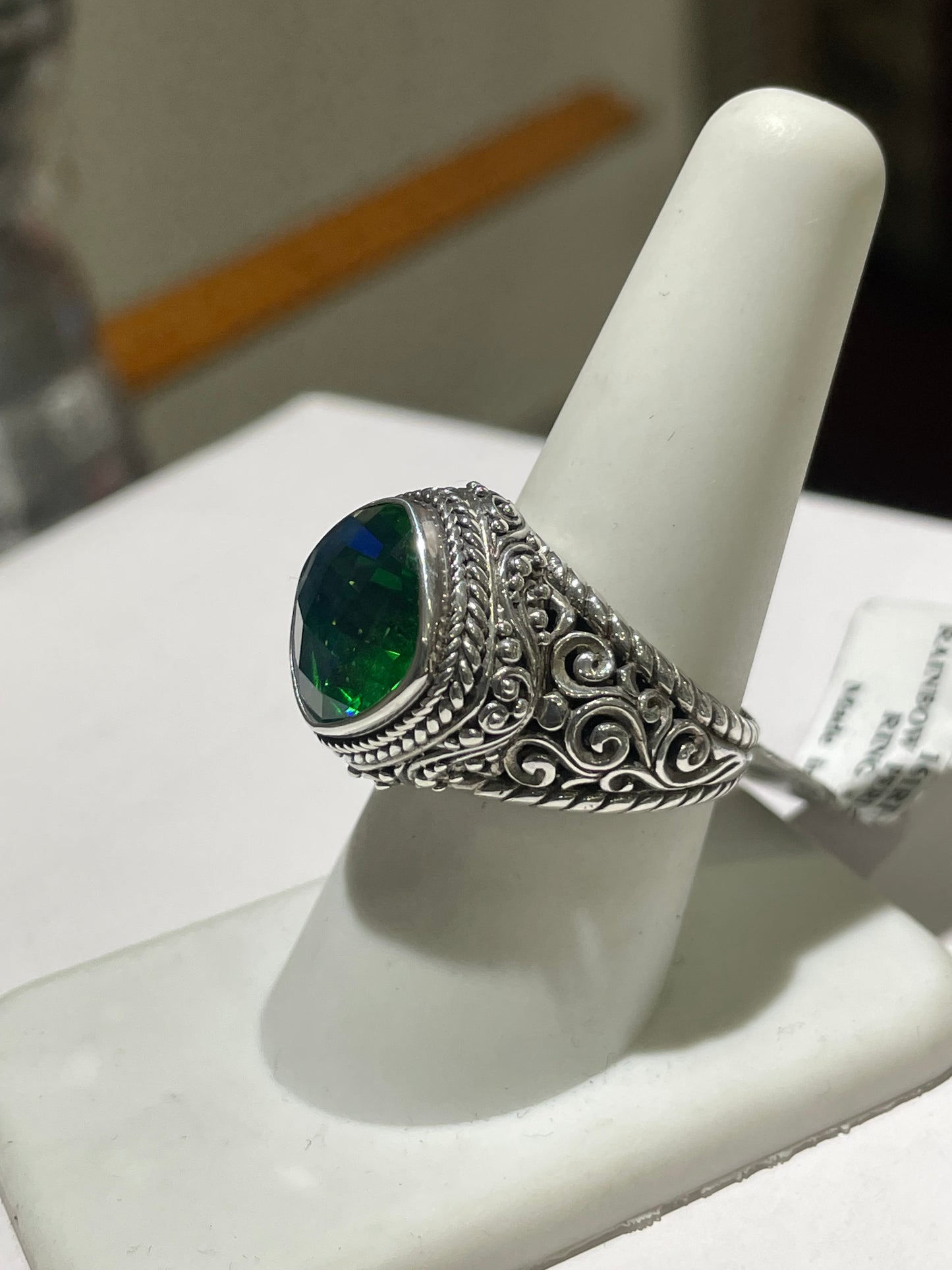 Designer Sarda Rainbow Peridot Quartz Multi Faceted Ring w/ Bali Filigree Setting Size 8