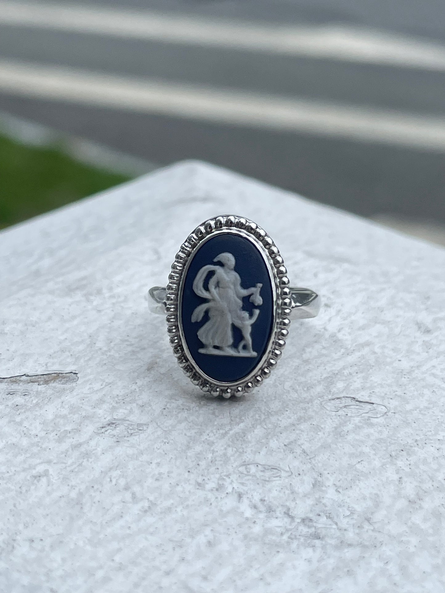 Designer Wedgwood 925 Sterling Silver Green Blue Cameo Ring Size 6