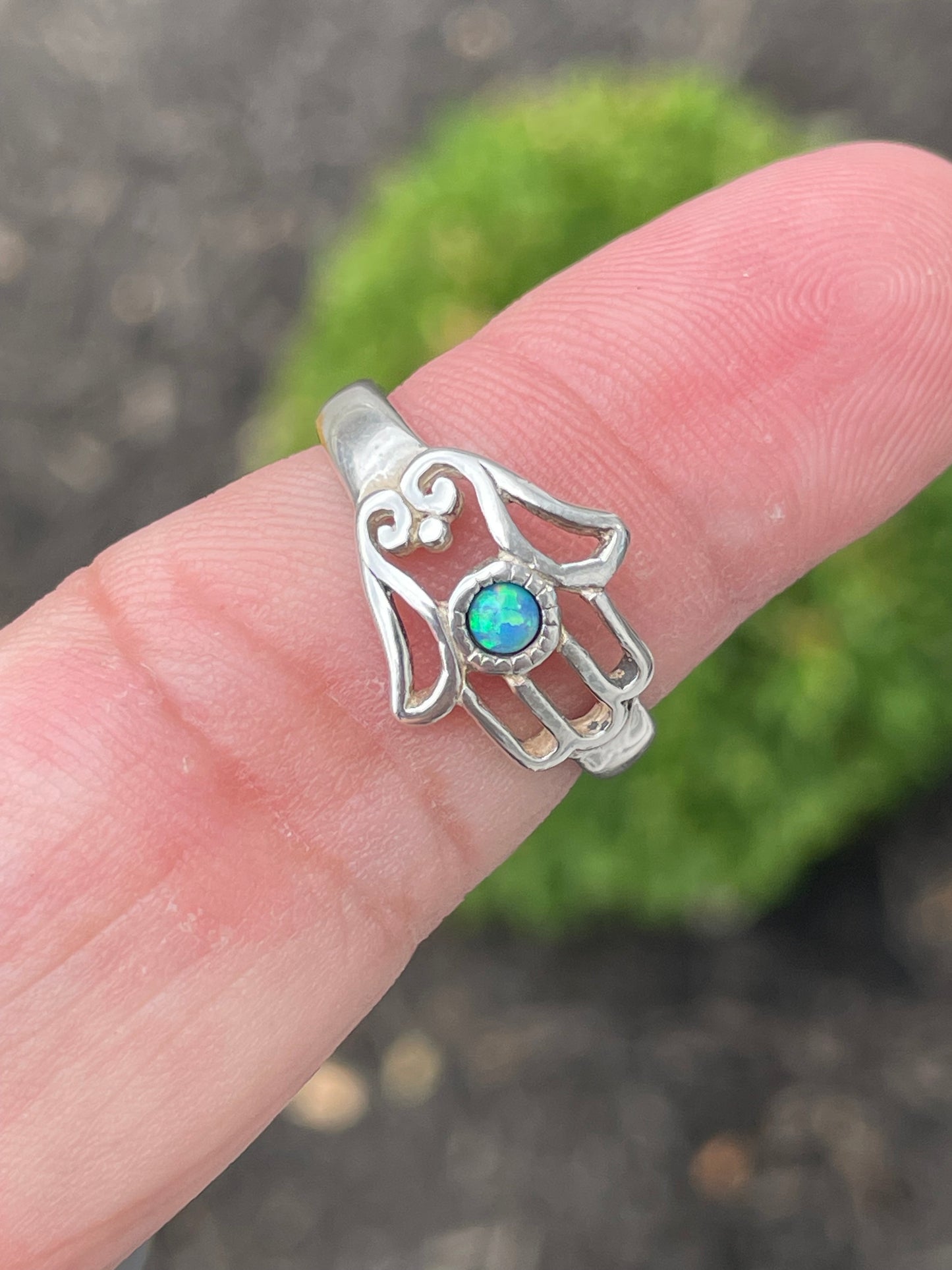 925 Sterling Silver Designer Shablool Didae Curved Hamsa Opal Ring