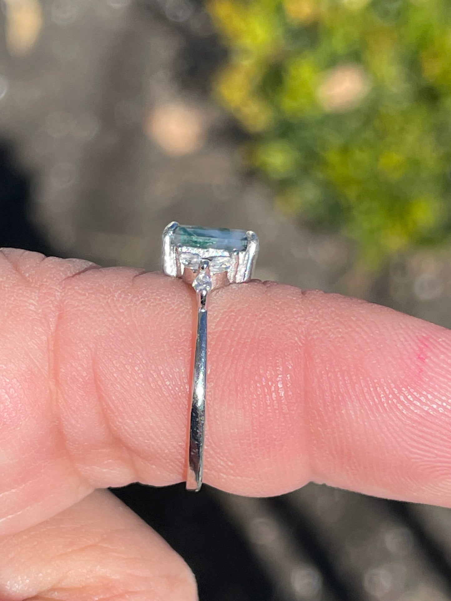 925 Sterling Silver Mossy Agate & Cz Solitaire Ring Size 7.25