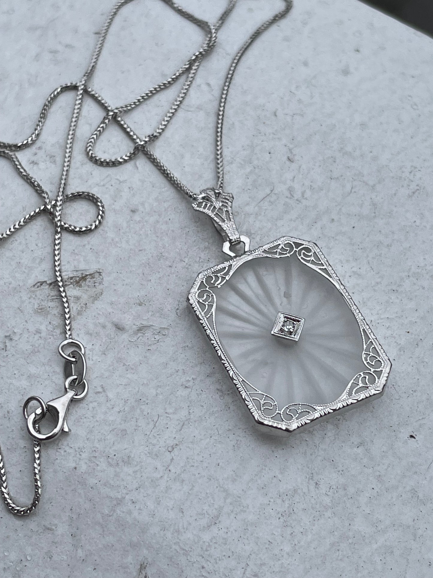 Antique 14k White Gold & Diamond Camphor Glass Necklace