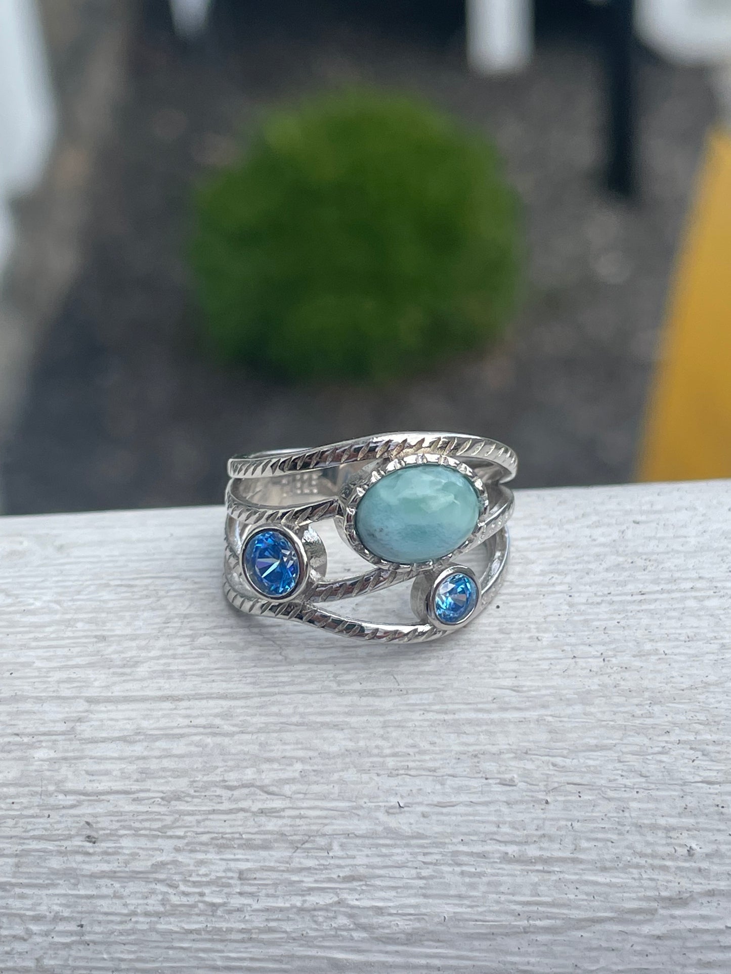 925 Sterling Silver Larimar & Blue Crystal Crossover Band Ring Size 8