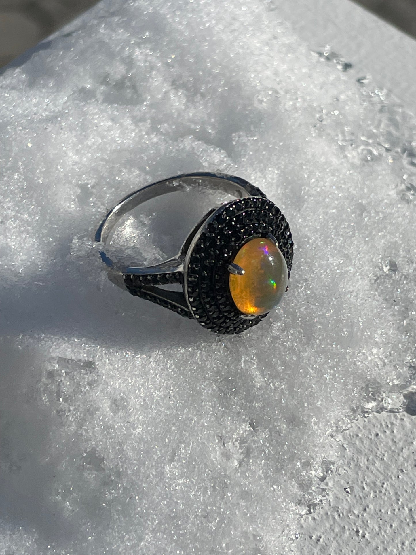 925 Sterling Silver Opal & Black Zirconia Cluster Ring Size 9.5