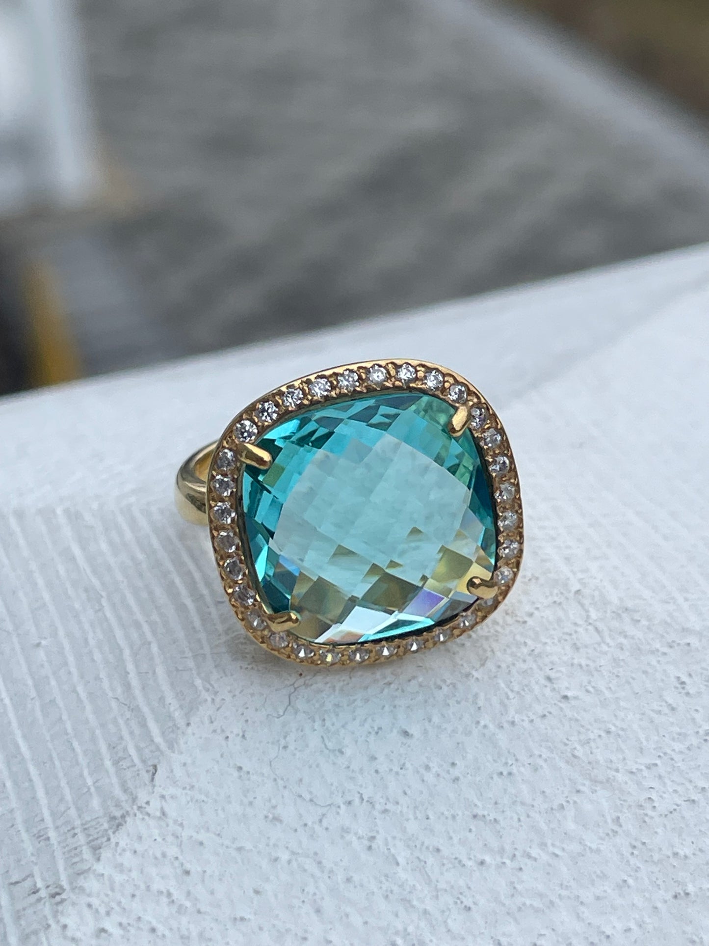 925 Sterling Silver Vermeil Caribbean Blue Topaz 14x14mm Albion Ring Size 8