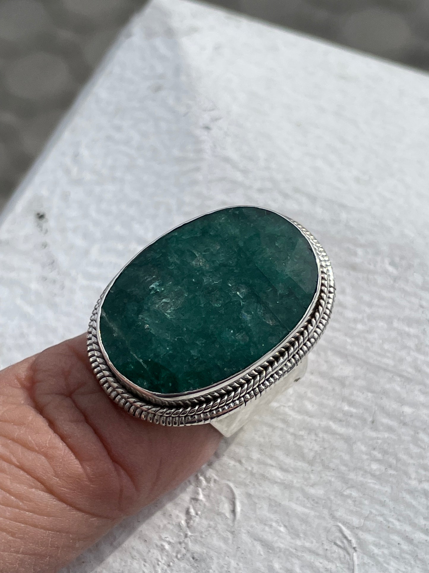 925 Sterling Silver Large 20.0ct Natural Oval Emerald Statement Ring Size 6
