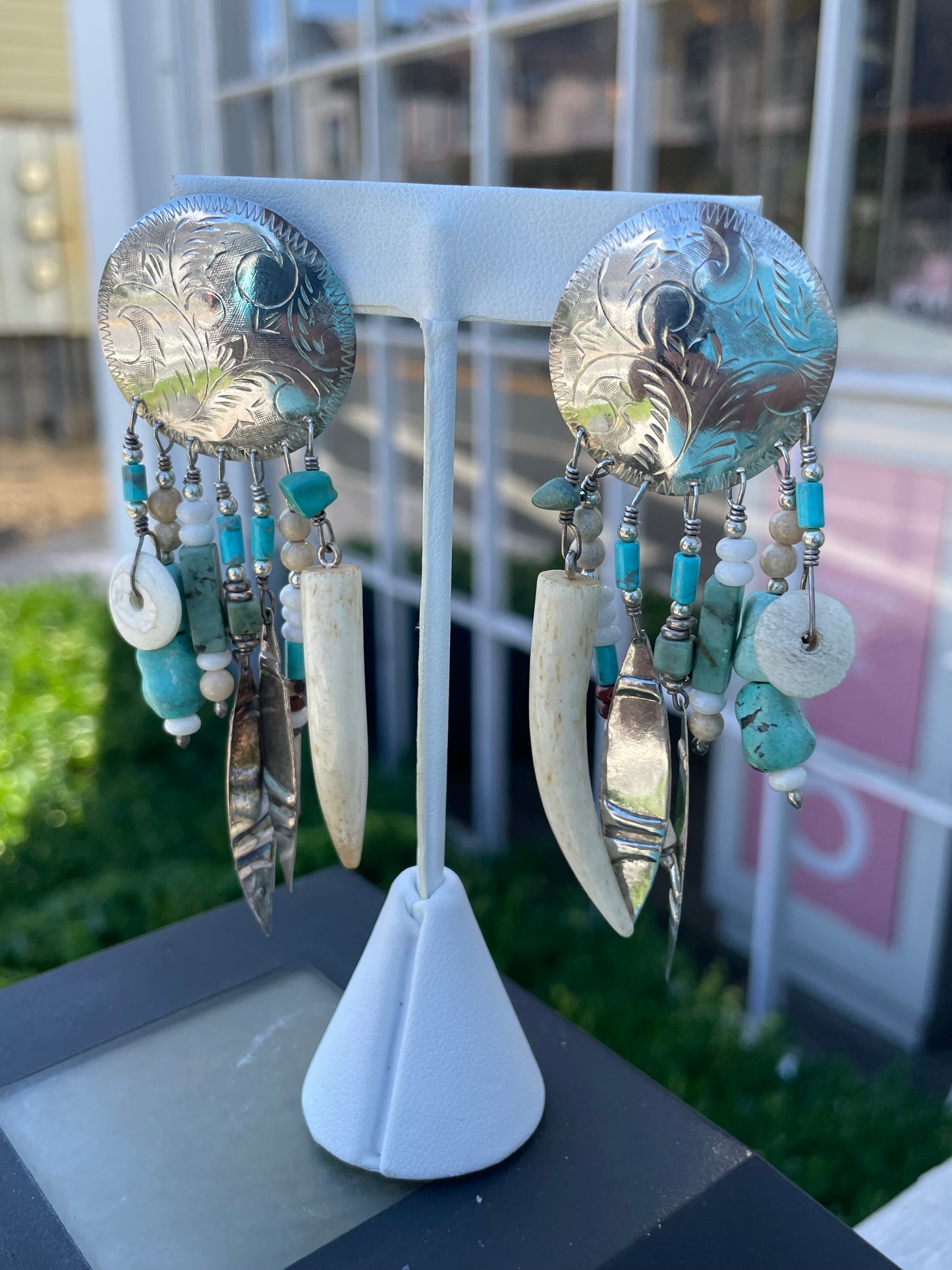 925 Sterling Silver Indigenous Southwest American Turquoise Bone Earrings